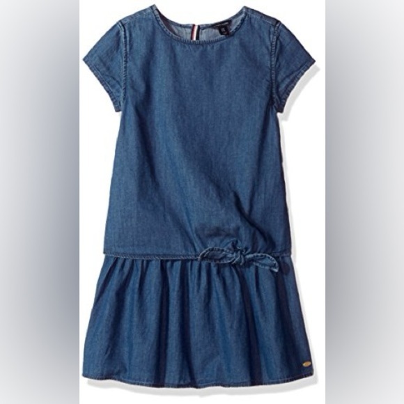 Tommy Hilfiger Denim Blue Kids Pinafore Short Sleeve Dress Tiered Skirt 12/14 - Picture 1 of 6